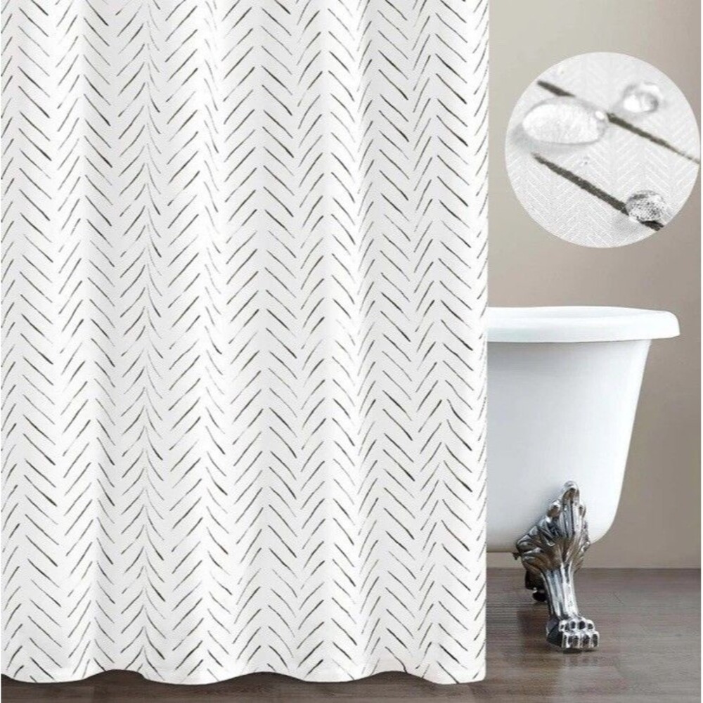 Extra Long Black and White Shower Curtain Inky Herringbone Chevron Zig Zag Wa...